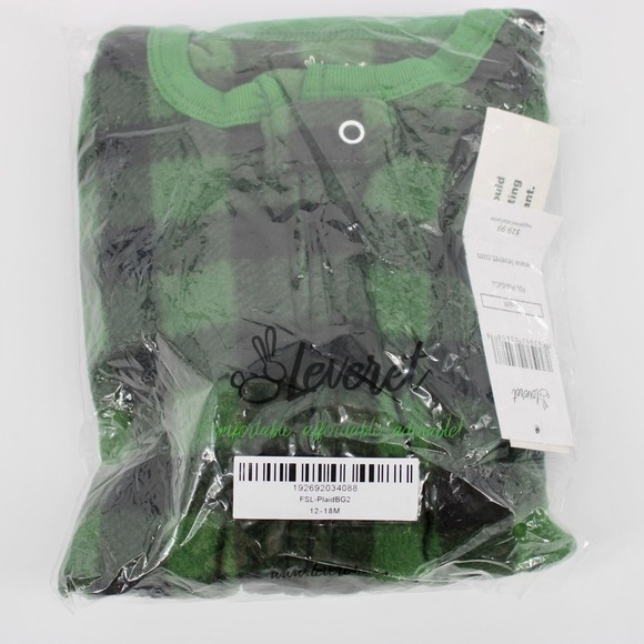 Leveret Footed Fleece Plaid Pajamas Unisex 12-18 Months Green/Black NEW - Picture 3 of 3